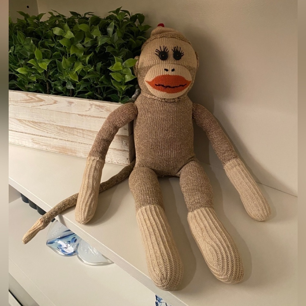 Sock Monkey Stuffed Plush Brown with Beanie Hat with Pom Pom
